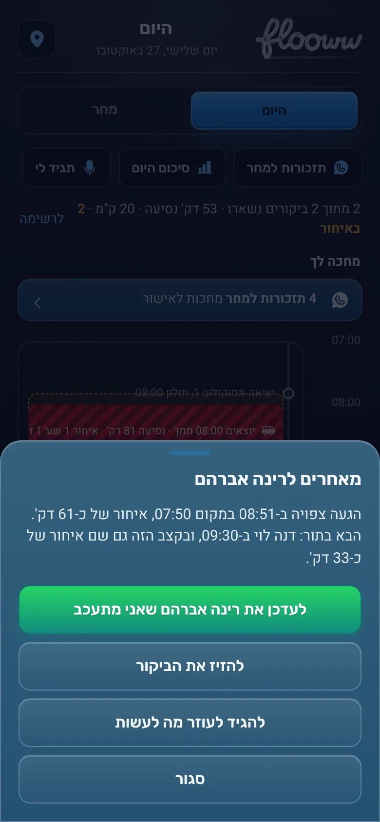 התראה: מאחרים לרינה אברהם בכ-61 דקות, והבא בתור דנה לוי, עם כפתורים לעדכן את הלקוחה, להזיז את הביקור או להגיד לעוזר